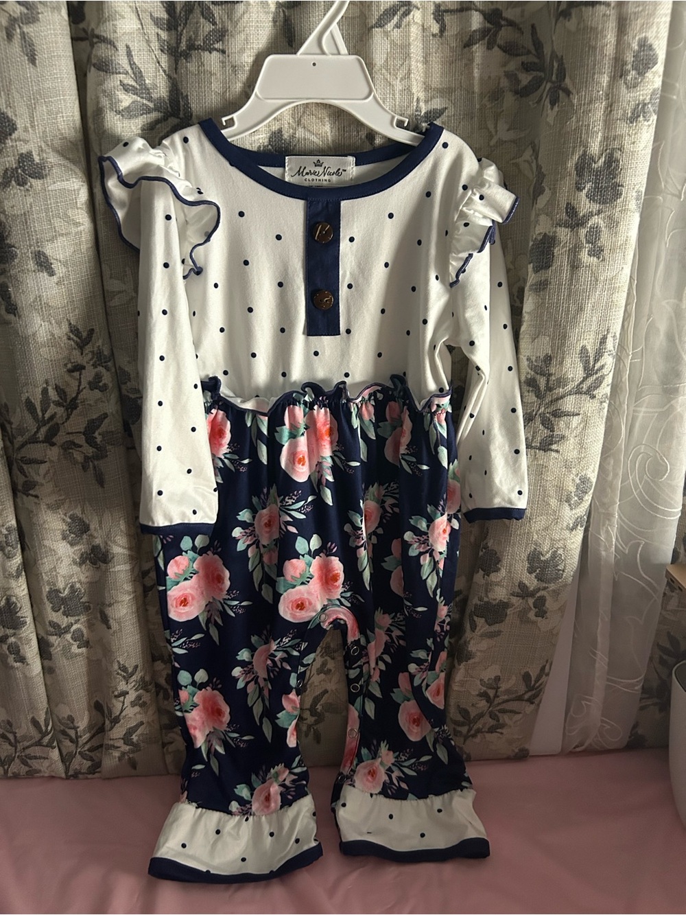 Marie Novel Navy Floral & White Polka Dot Girls Pajama Set